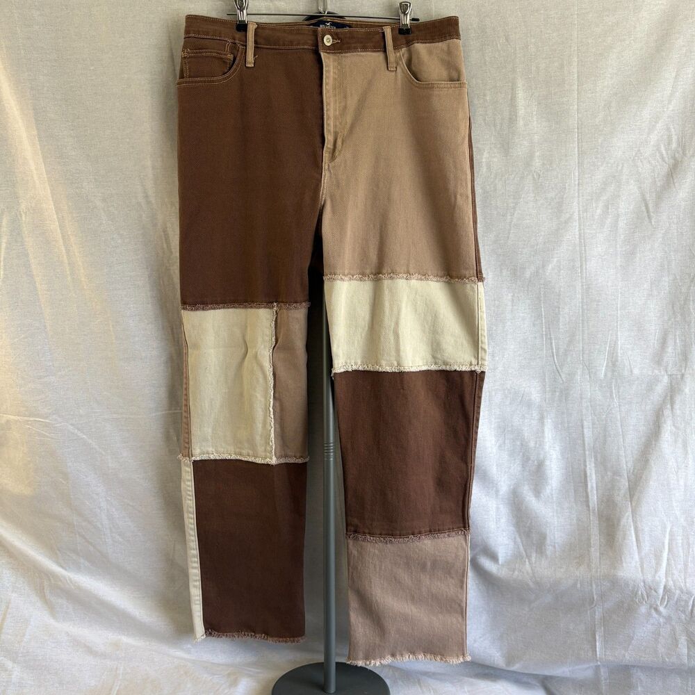 Hollister Patchwork Ultra High-Rise Dad Jeans W33 L33 Brown Tan